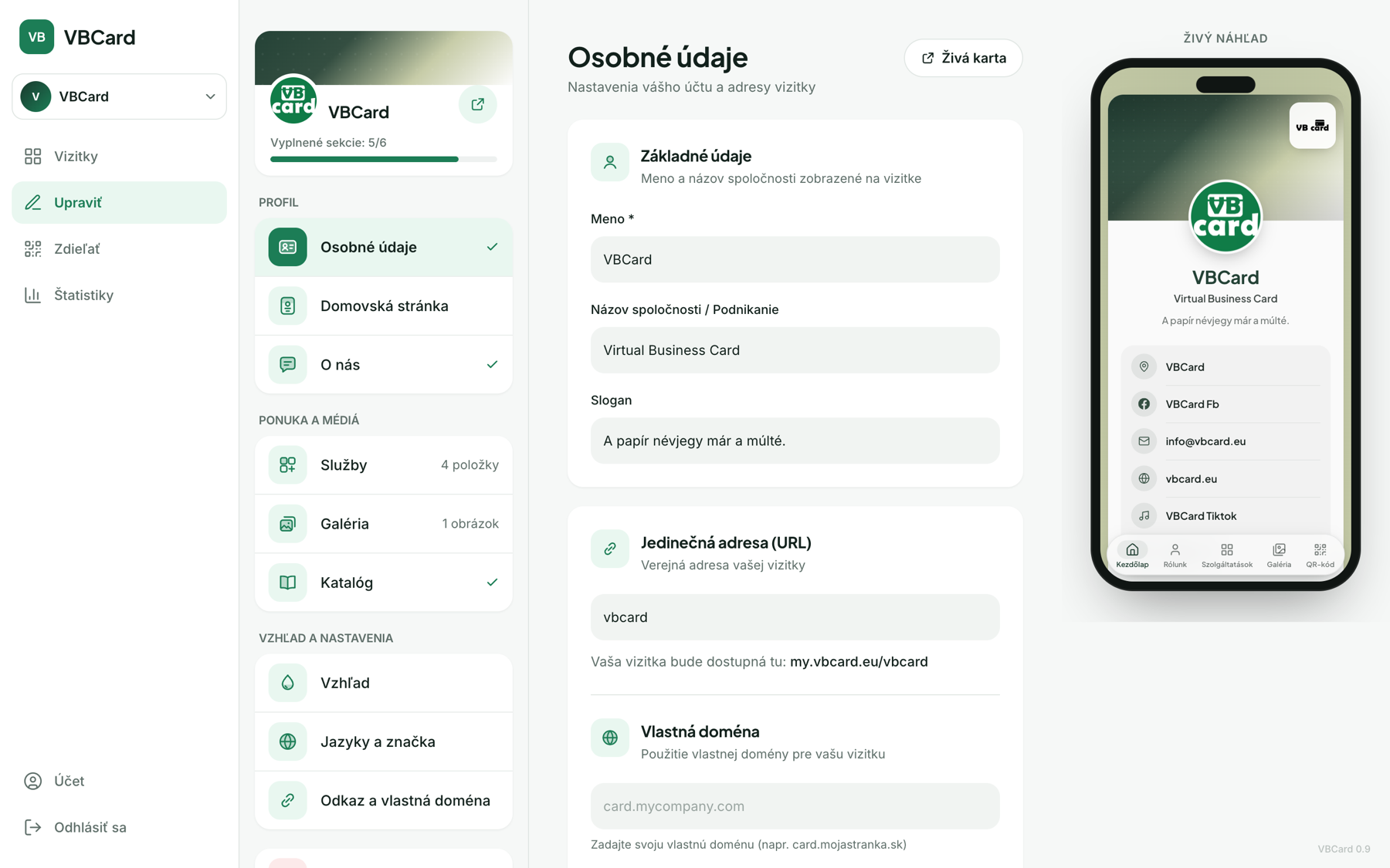 Editor VBCard na počítači: ľavé menu, editor a živý náhľad